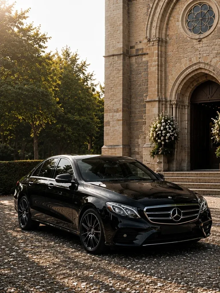 Berline Mercedes Classe E noire stationnée devant une église un jour de mariage à Bordeaux